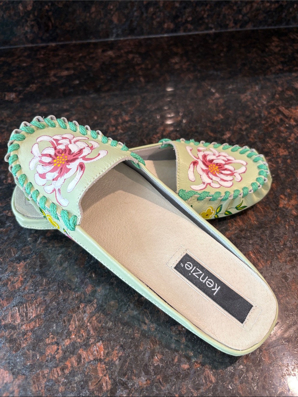 kenzie Mint Green Floral Embroidered Slide Mules with Pink Accents